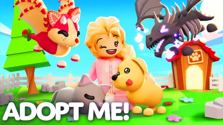 Adopt Me! game art with a blonde avatar, a grey cat, a yellow puppy and two dragons by a doghouse