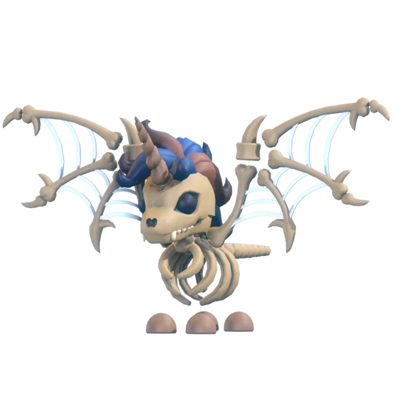 Skelicorn, a skeletal unicorn with bone wings and blue horns, standing on three brown eggs