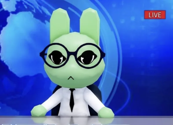 A green rabbit news anchor in round glasses and a white shirt sits at a desk under a red LIVE sign