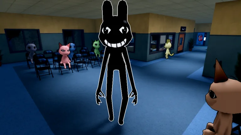 A tall black rabbit-like creature with a wide white grin stands in the hospital waiting room as small animal patients sit behind it