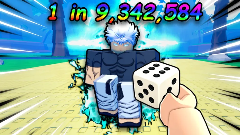 An anime character with white hair and a blue aura behind a hand holding a white die, with the text 1 in 9,342,584