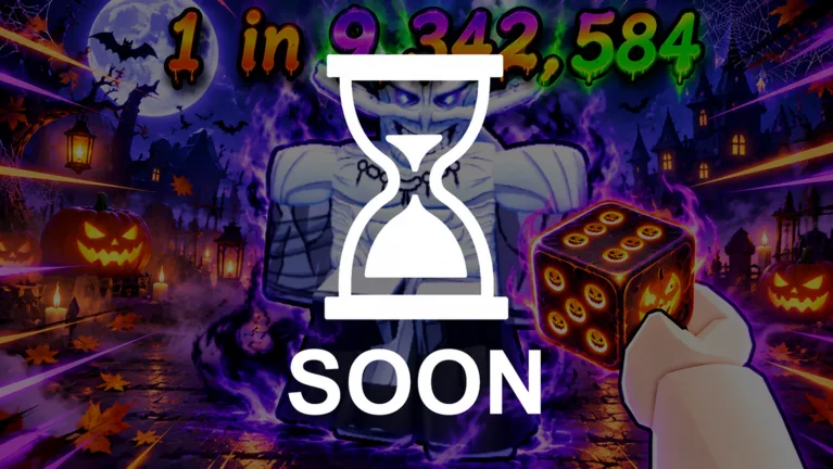 Anime Dice Halloween art with jack-o'-lanterns, a pumpkin-pattern die, a white hourglass and the word SOON