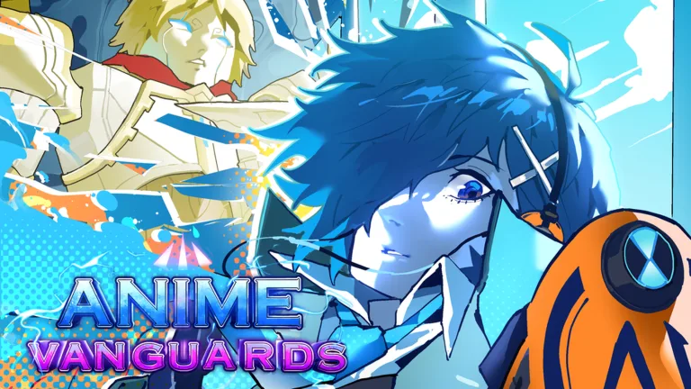 Vanguards thumbnail: a blue-haired fighter with a hair clip and an orange shoulder device, with a pale blond figure behind him in blue light