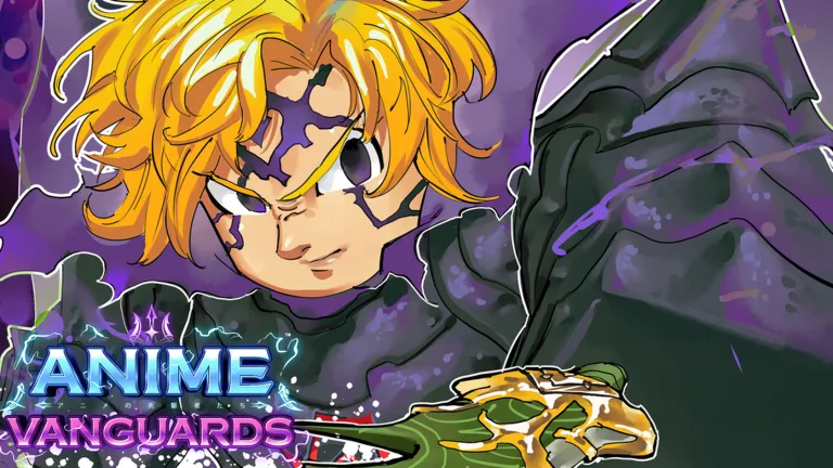 Vanguards thumbnail: a blond fighter with dark cracks across his face and a black cloak, holding a green blade, under the Anime Vanguards logo