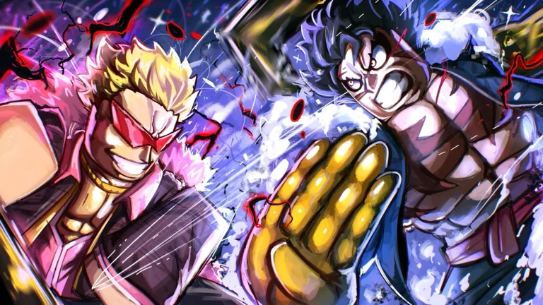 Vanguards thumbnail: a grinning blond fighter in red sunglasses and a pink feather coat clashes with a dark-haired fighter swinging a giant golden fist