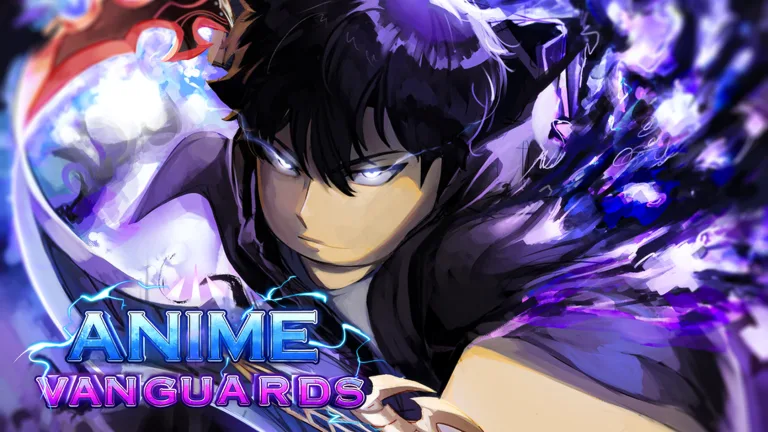 Vanguards thumbnail: a black-haired fighter with glowing eyes surrounded by swirling purple flames, under the Anime Vanguards logo