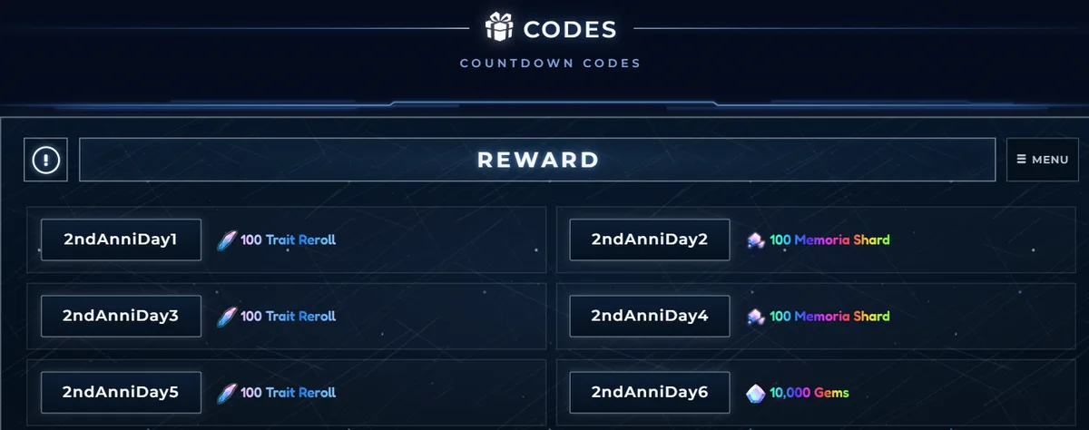 The game's update log section titled Codes, Countdown codes, with 2ndAnniDay1 to 2ndAnniDay6 and their rewards