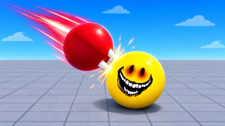 A red ball with a spike streaks toward a grinning yellow ball on a tiled blue floor