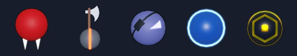 Five ball icons in a row: a red ball with two white fangs, a gray ball with an orange stripe and an axe, a purple ball with a dark band, a glowing blue ball, and a gold hexagon ball