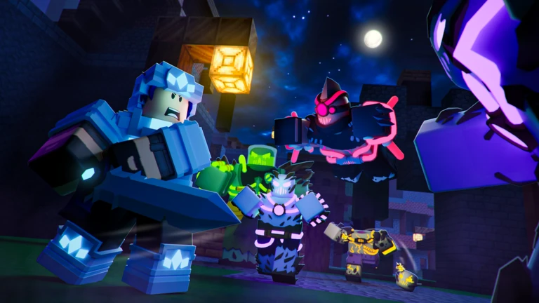 BedWars Halloween event art: armored kits with glowing weapons in a dark night scene lit by a lantern