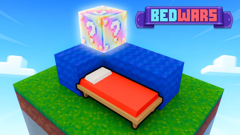 A red bed inside a blue block shelter on a grass island, with a glowing rainbow lucky block above it and the BEDWARS logo