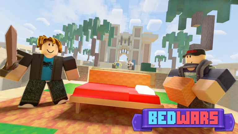Two blocky avatars beside a red bed on a tan tiled base, with a purple BEDWARS banner