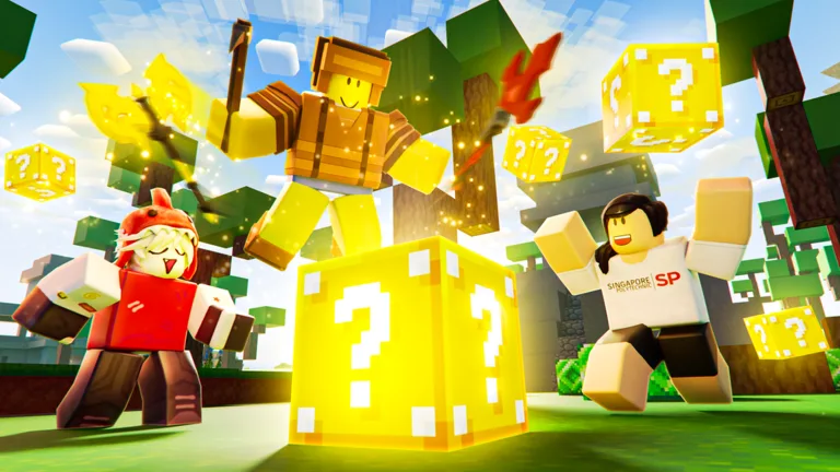 Several yellow lucky blocks with question marks in a grassy arena, with blocky avatars and trees around them