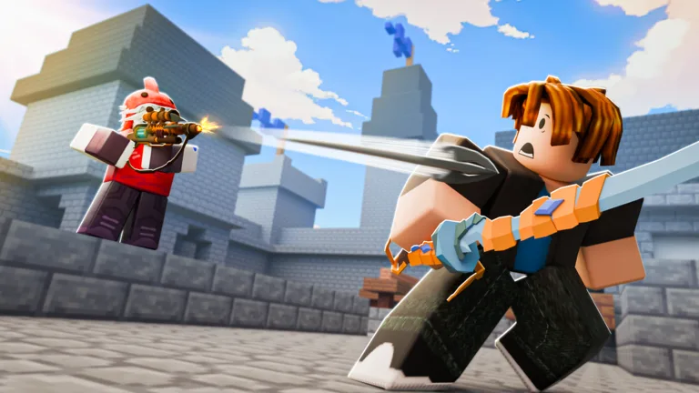 Two blocky avatars fight in front of grey castle walls, one with a sword and one firing a gold weapon