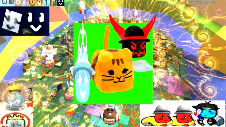 Bee Swarm Simulator thumbnail: a collage with an orange tabby cube bee on a green square, a black mask with red horns and smiling white cube bees