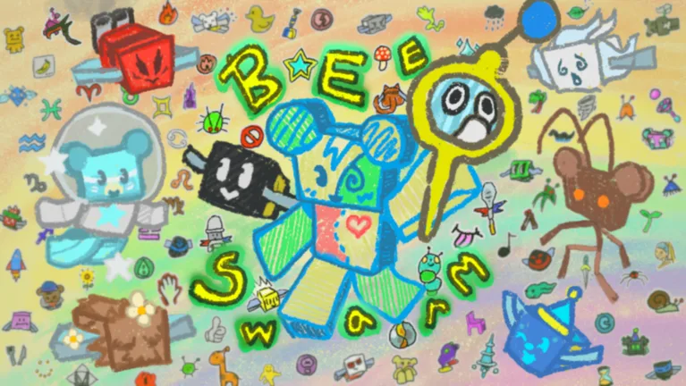 Bee Swarm Simulator thumbnail: a hand-drawn collage of a blue bear in a space helmet, a cube bee and the words Bee Swarm in bright letters