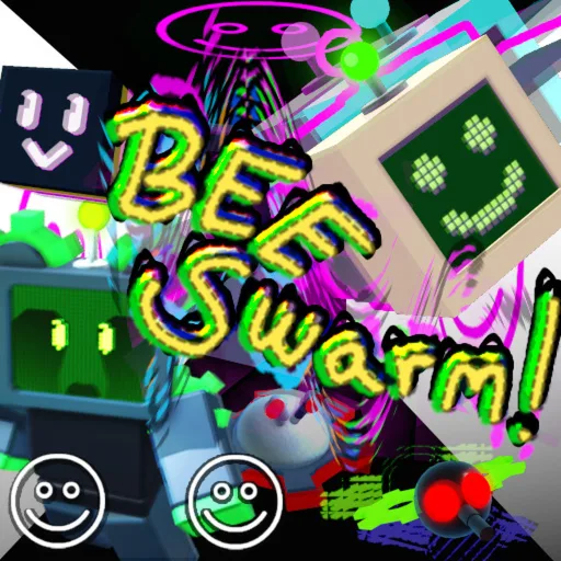 Bee Swarm Simulator game icon: cube bees with smiling faces around the scribbled Bee Swarm logo