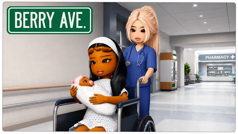 A nurse avatar in blue scrubs pushes a wheelchair with a patient holding a newborn down a bright hospital hall marked Pharmacy