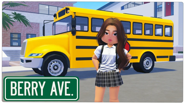 A brown-haired avatar in a plaid skirt and white polo stands in front of a yellow school bus outside a brick school