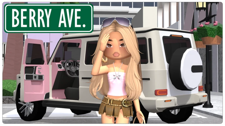 A blonde avatar in a pink top and khaki skirt poses beside a white luxury SUV with its pink door open on a city street