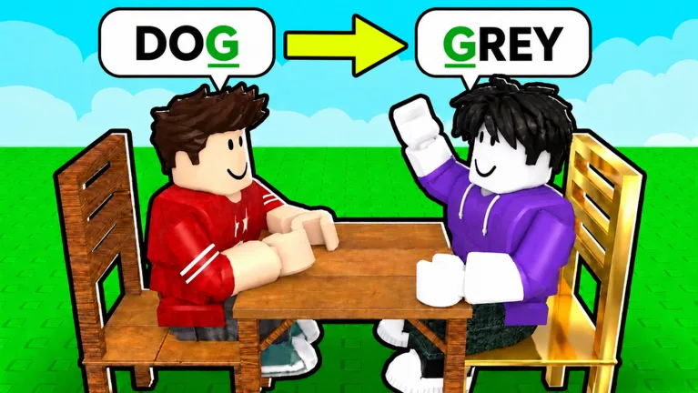 Finish The Word thumbnail: two avatars at a wooden table, one says DOG and the other answers GREY