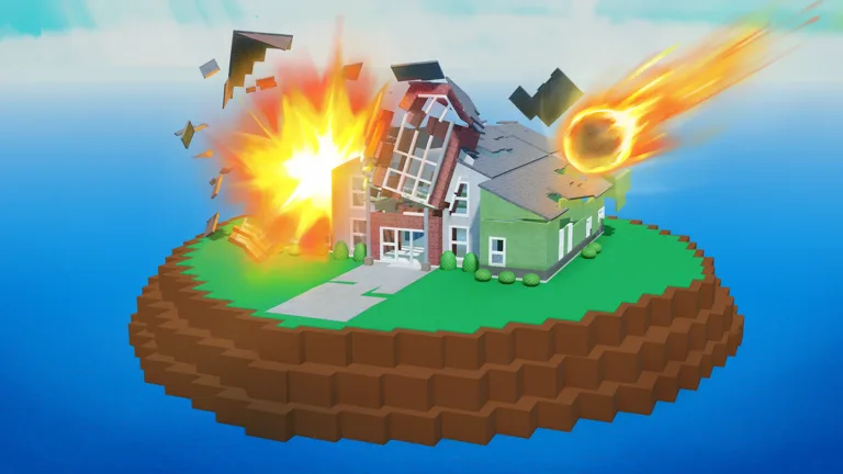 Natural Disaster Survival thumbnail: a meteor and an explosion hit houses on a small floating island