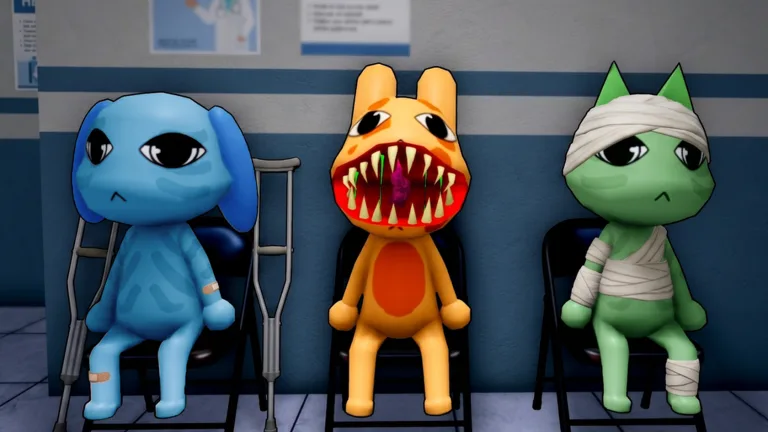 Animal Hospital thumbnail: a blue, an orange and a bandaged green animal patient sit in waiting-room chairs, the orange one with a mouth full of teeth