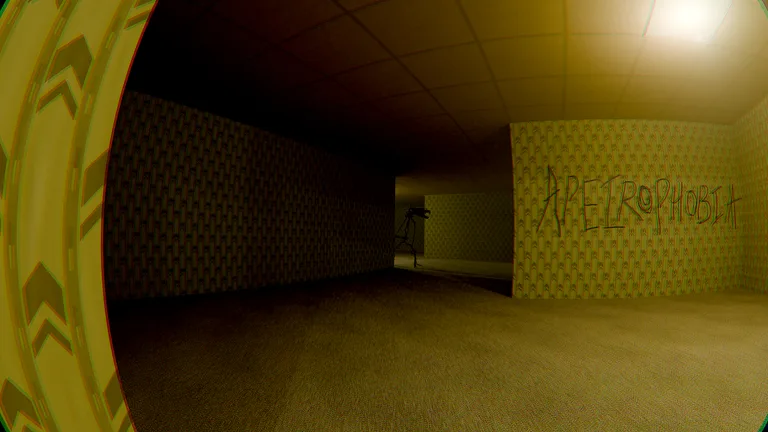 Apeirophobia thumbnail: an empty hallway with yellow patterned wallpaper and the word Apeirophobia scrawled on the wall