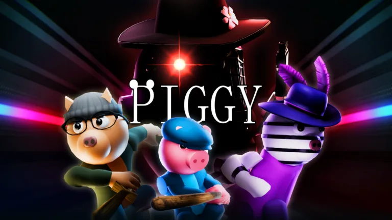 Piggy thumbnail: three cartoon characters, two pigs and a striped zebra in a purple hat, pose under the Piggy logo
