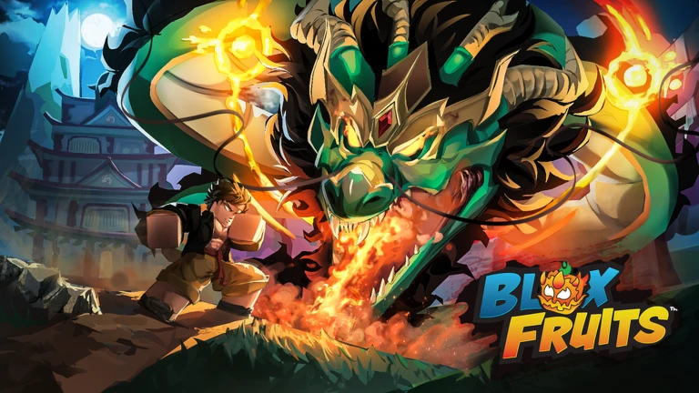 Green and gold horned dragon breathing fire at a fighter in front of a pagoda at night