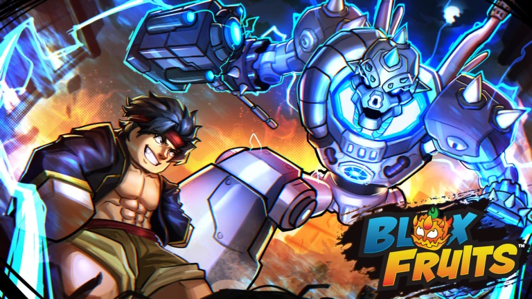 Grinning fighter with a red headband next to a huge silver mech with a glowing blue core and an arm cannon