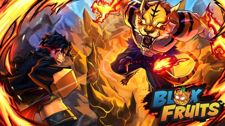 Fire-wreathed tiger beast lunging at a dark-haired fighter against glowing golden rocks