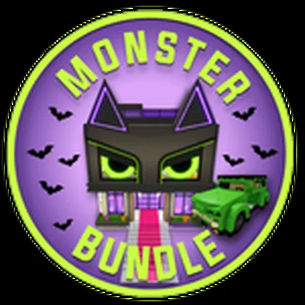 Purple round badge reading Monster Bundle, with a black house that has green cat eyes and a green car