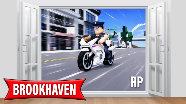 Brookhaven police officer racing down a sunny street on a white police motorcycle
