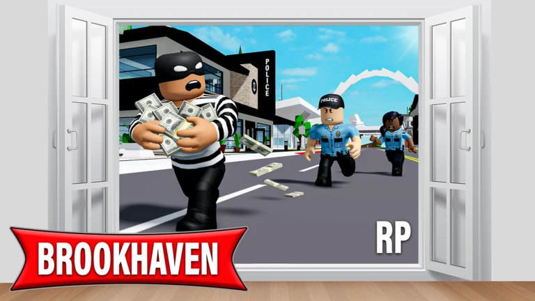 Masked robber holding cash while two police officers chase him past a police station
