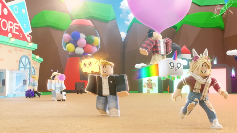 A giant gumball machine and a store sign with avatars and a pink balloon pet