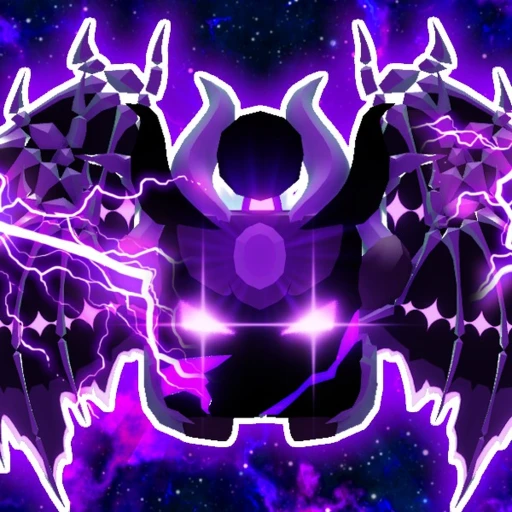 Bubble Gum Simulator INFINITY icon with a horned purple shadow figure and lightning