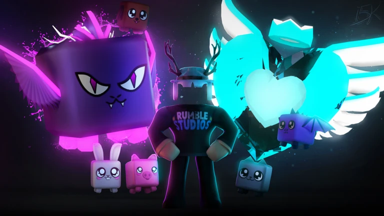 A Rumble Studios avatar standing between glowing purple and cyan winged pets