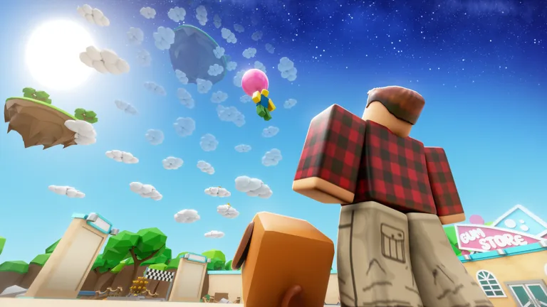 A Roblox avatar in a plaid shirt looks across floating islands toward a Gum Store building