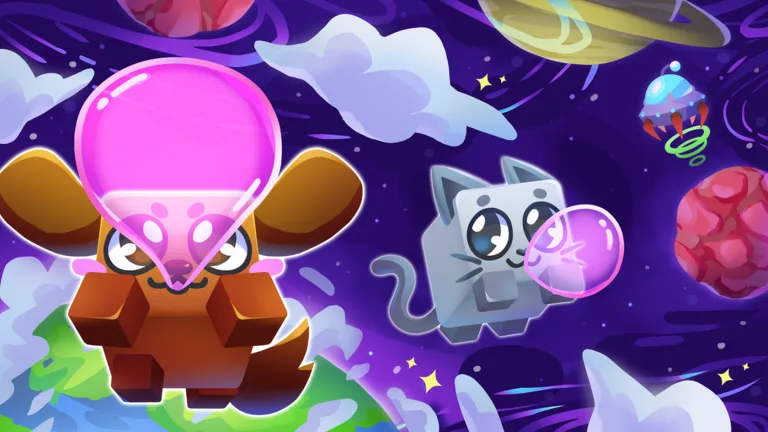 A dog pet with a pink bubble and a grey cat pet blowing a bubble float in a purple sky with planets