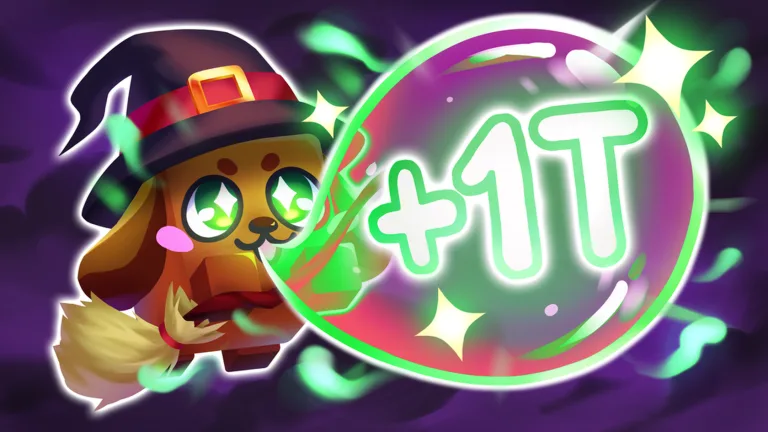 A brown dog pet in a witch hat rides a broom beside a big green bubble marked +1T