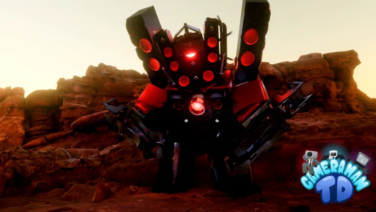 A huge red and black titan robot with rows of speakers on its body stands in a rocky red desert at sunset