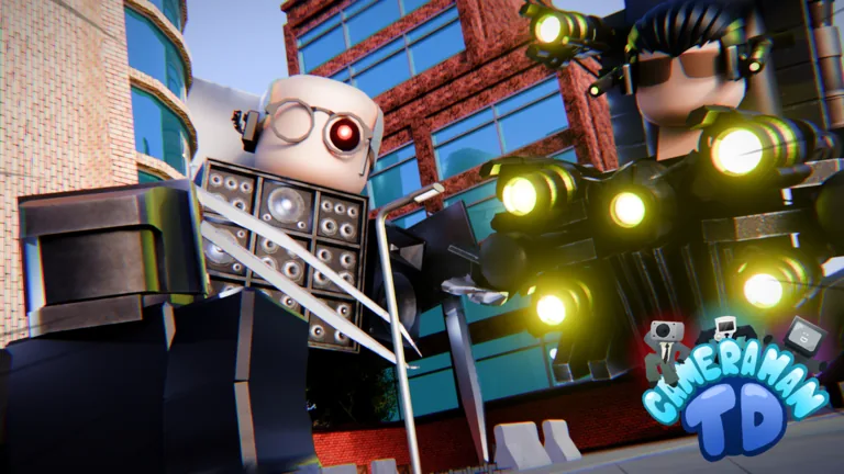 A gray robot unit with speaker panels and a cameraman unit with glowing yellow camera lights stand in a city street beside the Cameraman TD logo