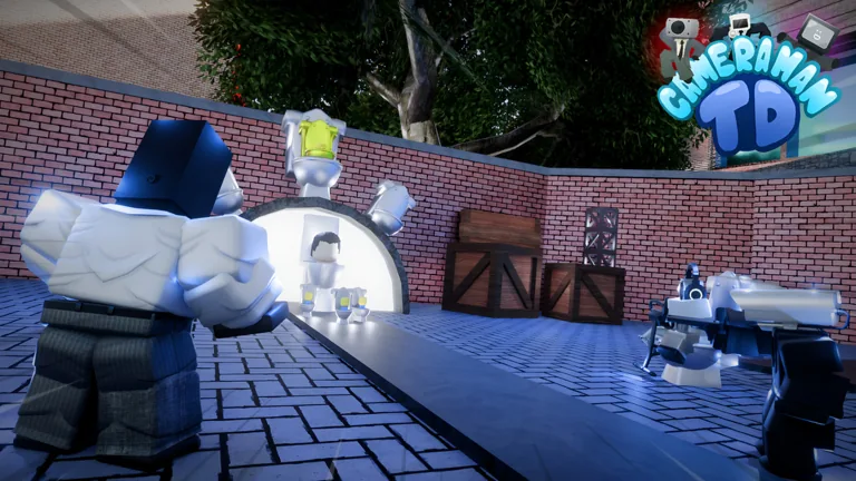 A big unit in a white suit with a black cube head faces a toilet with a face inside a glowing arch, in a brick-walled yard with crates and a white gun turret