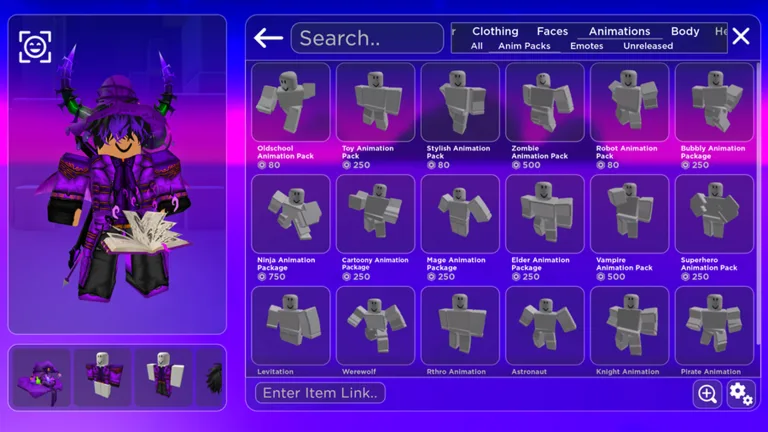 A purple avatar beside a grid of animation packs priced from 80 to 750 Robux, with an Enter Item Link box at the bottom