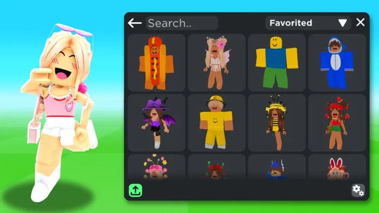 A blonde avatar in a pink outfit next to a Favorited grid of community outfits, including a hot dog costume and a shark suit