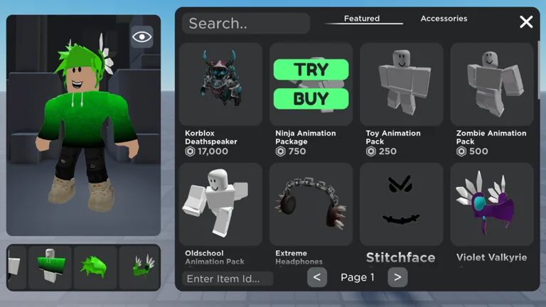 Catalog screen with TRY and BUY buttons over an animation pack, a Korblox Deathspeaker priced 17,000 and an Enter Item Id box