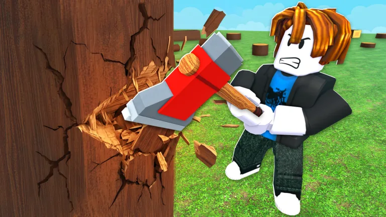A Roblox avatar with messy orange hair swings a big red axe into a cracked tree trunk while wood chips fly