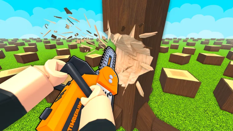 A first-person view of hands holding an orange chainsaw as it bites into a tree trunk, with stumps across a green field
