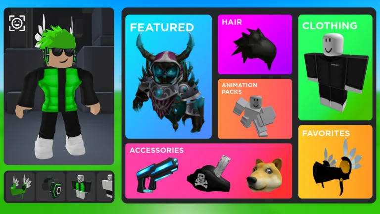 Avatar editor screen with a green-haired avatar on the left and tiles for featured items, hair, clothing, animation packs and accessories